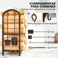 Outsunny Estante de Leña de Metal de 2 Niveles con 4 Herramientas para Chimenea y Ganchos 43x30x74 cm Marrón Oscuro(m-5)