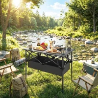 Outsunny Klappbarer Rollbarer Picknicktisch Tragbarer Campingtisch mit Netzablage und Tragetasche für den Außenbereich, Schwarz(m-8)