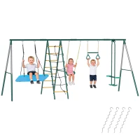 AIYAPLAY 5-in-1 Schaukelgestell mit verstellbarer Nestschaukel Turnringe Doppelsitzer Klettergerüst für 3-8 Jahre 440x175x203 cm(m-12)