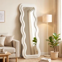 HOMCOM Standspiegel mit wellenförmigem Samtrahmen, 160x60 cm, gehärtetes Glas, Creme(m-2)