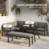 Outsunny 4 Piece L-shaped Garden Furniture Set 8-Seater Aluminium Outdoor Dining Set Conversation Sofa Set w/ Bench, Dining Table & Cushions, Grey(m-4)