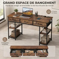 HOMCOM Bureau avec rangement avec prises de courant, 3 tiroirs en tissu et 4 étagères de rangement, 120 x 40 x 76 cm, marron(m-4)