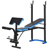 HOMCOM Bancă Multifuncțională cu Suport pentru Haltere și Spătar Reglabil, din Oțel și PU, 155x56.5x120 cm, Negru și Albastru(m-12)