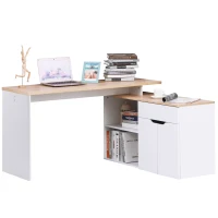 HOMCOM Birou Colțar cu Bibliotecă cu 2 Etajere, Dulap și Sertar, 140x117x76 cm, Culoare Lemn și Alb(m-11)