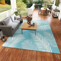 Outsunny Outdoor Teppich wendbarer robuster Wetterfest Outdoorteppich mit Tragetasche Bodenankern 274 x 182 cm Hellblau+Weiß(m-8)