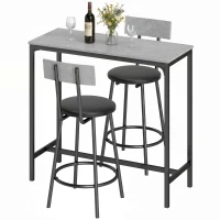 HOMCOM Mesa de bar con 2 taburetes acolchados y reposapiés para comedor, espacios pequeños, gris(m-7)