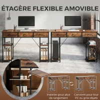 HOMCOM Bureau avec rangement avec prises de courant, 3 tiroirs en tissu et 4 étagères de rangement, 120 x 40 x 76 cm, marron(m-6)