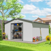Outsunny Abrigo de Jardim Exterior para Armazenamento de Ferramentas com 4 Janelas 12,4 m² 340x386x200 cm Branco e Cinza Escuro(m-12)