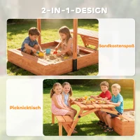 AIYAPLAY Sandkasten mit Dach Sandkiste aus Holz mit klappbarem Picknicktisch Sitzbänken für 3-8 Jahre 184 x 110 x 120 cm Braun(m-4)