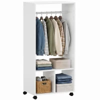 HOMCOM Mobiler Kleiderschrank Garderobe Schrank mit Regal 4 Schwenkräder für Wohnzimmer Schlafzimmer, Aluminiumlegierungen, 60 x 40 x 128 cm, Weiß(m-12)