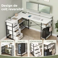 HOMCOM Birou de Colț în L, 155 cm, Reversibil, 4 Sertare Textile, Prize de Curent, Alb(m-6)