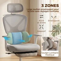 HOMCOM Chaise bureau ergonomique, fauteuil de bureau avec soutien lombaire dynamique adaptatif, 73x75x120-128cm, gris(m-4)