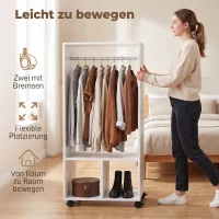 HOMCOM Mobiler Kleiderschrank Garderobe Schrank mit Regal 4 Schwenkräder für Wohnzimmer Schlafzimmer, Aluminiumlegierungen, 60 x 40 x 128 cm, Weiß(m-5)