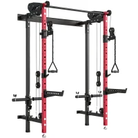 SPORTNOW Power Cage Pieghevole, Rack con Barra Trazioni e Sistema Puleggia Cavi, Rosso(m-1)