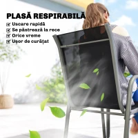Set mobilier de grădină Outsunny, 7 piese, cu 6 scaune stivuibile din Textilenă și masă cu blat din sticlă, Negru și Argintiu(m-5)