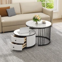 High Gloss Nesting Coffee Table with Marble Pattern Top, Storage Drawers, Modern Round Side Tables for Living Room, White+Black(m-5)