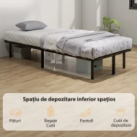 HOMCOM Bază de Pat Industrială cu 28 de Lamele și Spațiu de Depozitare, din Lemn și Oțel, 190x90x31 cm, Negru și Lemn(m-5)