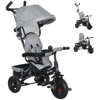 HOMCOM 6-in-1 Kinderdreirad mit Schiebestange, Dach, Gurt, Ablagekorb, für 1-5 Jahre, Grau(m-12)