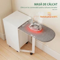 HOMCOM Mobilier pentru Masa de Călcat Pliabil cu Roți, Raft Reglabil și Închidere Soft Close, din Lemn și Material Textil, 128x43x83 cm, Alb(m-5)