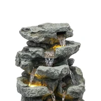 Outsunny Outdoor Fountain with 6-Tier Rock Design, Waterfall Feature with LED Lights, Resin Freestanding Garden Fountain, Grey(m-13)