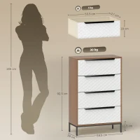 HOMCOM Cómoda com 4 Gavetas de Tecido Frentes com Padrão de Diamante Móvel de Arrumação 59,5,5x30x92,5 cm Madeira e Branco(m-3)