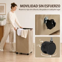 HOMCOM Cesto de Ropa Sucia con Tapa y Ruedas 50L Cesta de Ropa Sucia Plegable con Bolsa con Cordón Extraíble 40x30x65 cm Camel(m-4)