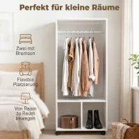 HOMCOM Mobiler Kleiderschrank Garderobe Schrank mit Regal 4 Schwenkräder für Wohnzimmer Schlafzimmer, Aluminiumlegierungen, 60 x 40 x 128 cm, Weiß(m-6)