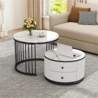 High Gloss Nesting Coffee Table with Marble Pattern Top, Storage Drawers, Modern Round Side Tables for Living Room, White+Black(m-6)