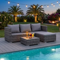 Outsunny 3PC Rattan Garden Furniture Storage Sofa Set, 4 Seater Wicker Coffee Table Conservatory Sun Lounger Reclining Set with Cushion, Grey(m-12)
