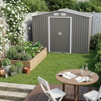Outsunny 9 x 6FT Outdoor Garden Roofed Metal Storage Shed Tool Box with Foundation Ventilation & Doors Light, Grey(m-14)