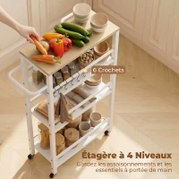 HOMCOM Desserte cuisine 4 niveaux, chariot de service à roulettes avec porte-serviettes et 6 crochets, 50 x 20 x 81 cm, chêne(m-5)