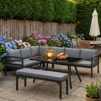 Outsunny 4 Piece L-shaped Garden Furniture Set 8-Seater Aluminium Outdoor Dining Set Conversation Sofa Set w/ Bench, Dining Table & Cushions, Grey(m-11)