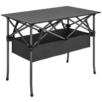 Outsunny Klappbarer Rollbarer Picknicktisch Tragbarer Campingtisch mit Netzablage und Tragetasche für den Außenbereich, Schwarz(m-1)