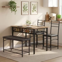 HOMCOM Set de dining 4 piese, masă de bucătărie în stil industrial cu 2 scaune și bancă pentru 4 persoane, scaune tapițate cu piele PU, maro(m-5)
