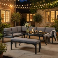 Outsunny 4 Piece L-shaped Garden Furniture Set 8-Seater Aluminium Outdoor Dining Set Conversation Sofa Set w/ Bench, Dining Table & Cushions, Grey(m-12)