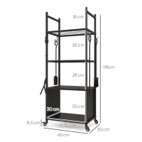 Outsunny Leñero de 4 Niveles Soporte para Leña con Ruedas Pala Atizador Cepillo Tenazas para Interior Exterior 45x30x118 cm Negro(m-3)