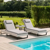 Outsunny 3-piece PE Rattan Sun Lounger Set with Adjustable 5-Position Recliner, Patio Chaise Lounge Chair Set with Cushions, Headrests, Glass Top Square Coffee Table, Light Grey(m-12)