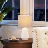 HOMCOM Lampe de Table avec Base en Céramique et Abat-Jour en Lin, Lampe de Chevet avec Interrupteur, Culot E27, Blanc et Beige(m-7)