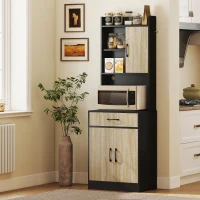 HOMCOM Küchenschrank mit Arbeitsfläche und Kabelloch, moderne Küchenkommode mit Schublade, 3 offene Regale, Naturholz, Schwarz(m-10)