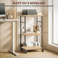 HOMCOM Dulap Imprimantă Industrial 3 Niveluri, Roți și Cârlige, Maro Rustic.(m-4)