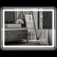 HOMCOM Badezimmerspiegel mit LED-Beleuchtung, Anti-Beschlags-Pad, 3 verstellbare Farben, Uhr, 600 x 800 mm, Silberfarben(m-11)