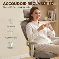 HOMCOM Chaise bureau ergonomique, fauteuil de bureau avec soutien lombaire dynamique adaptatif, 73x75x120-128cm, gris(m-7)