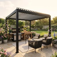 Outsunny 3 x 3(m) Electric Louvered Pergola with LED Lights, Aluminium Pergola Hardtop Gazebo with Remote, Adjustable Roof and Drainage System, Water and UV Proof(m-11)
