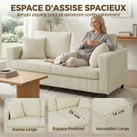 HOMCOM Canapé 2 Places en Velours Côtelé, Canapé de Salon Moderne 170 cm, Assise Large, Coussin à Ressorts, Crème(m-4)