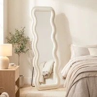 HOMCOM Standspiegel mit wellenförmigem Samtrahmen, 160x60 cm, gehärtetes Glas, Creme(m-4)