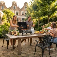 Outsunny tafelgrill gasgrill BBQ met 2 branders mobiele grillwagen grillnet klein buitentafel gasgrill picknick met reduceerslang RVS zwart 55 x 46.5 x 41 cm(m-2)