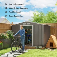 Outsunny 9 x 6FT Outdoor Garden Roofed Metal Storage Shed Tool Box with Foundation Ventilation & Doors Light, Grey(m-4)
