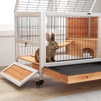 PawHut Wooden Guinea Pig Hutch, 2-Floor Bunny Cage w/ Enclosed Run Area, Yellow(m-9)