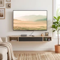 HOMCOM Móvel de TV suspenso, móvel para televisores até 152,4 cm, gaveta basculante 2 prateleiras 140x24x16cm madeira natural(m-5)