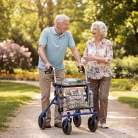 HOMCOM Déambulateur 4 roues pliable, rollator en acier inoxydable, siège rembourré en PU, poignée réglable, bleu(m-16)